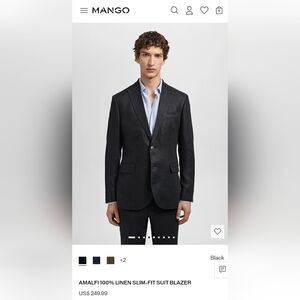 Mango Mens Slim Fit Tailored Sz 44 Black Linen Blazer. Unlined. 100% Linen NWT